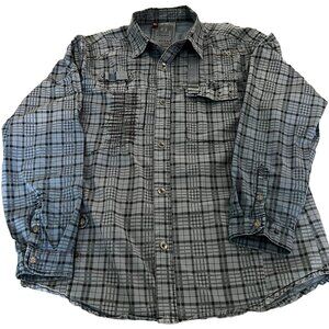 Rare Focus Fusai Men's XL Long Sleeve Snap Up Grunge Edgy Blue Plaid Shirt
